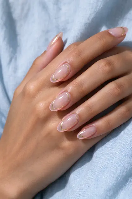 A close-up of a hand with almond nails featuring thin gold line details resting on pale blue linen