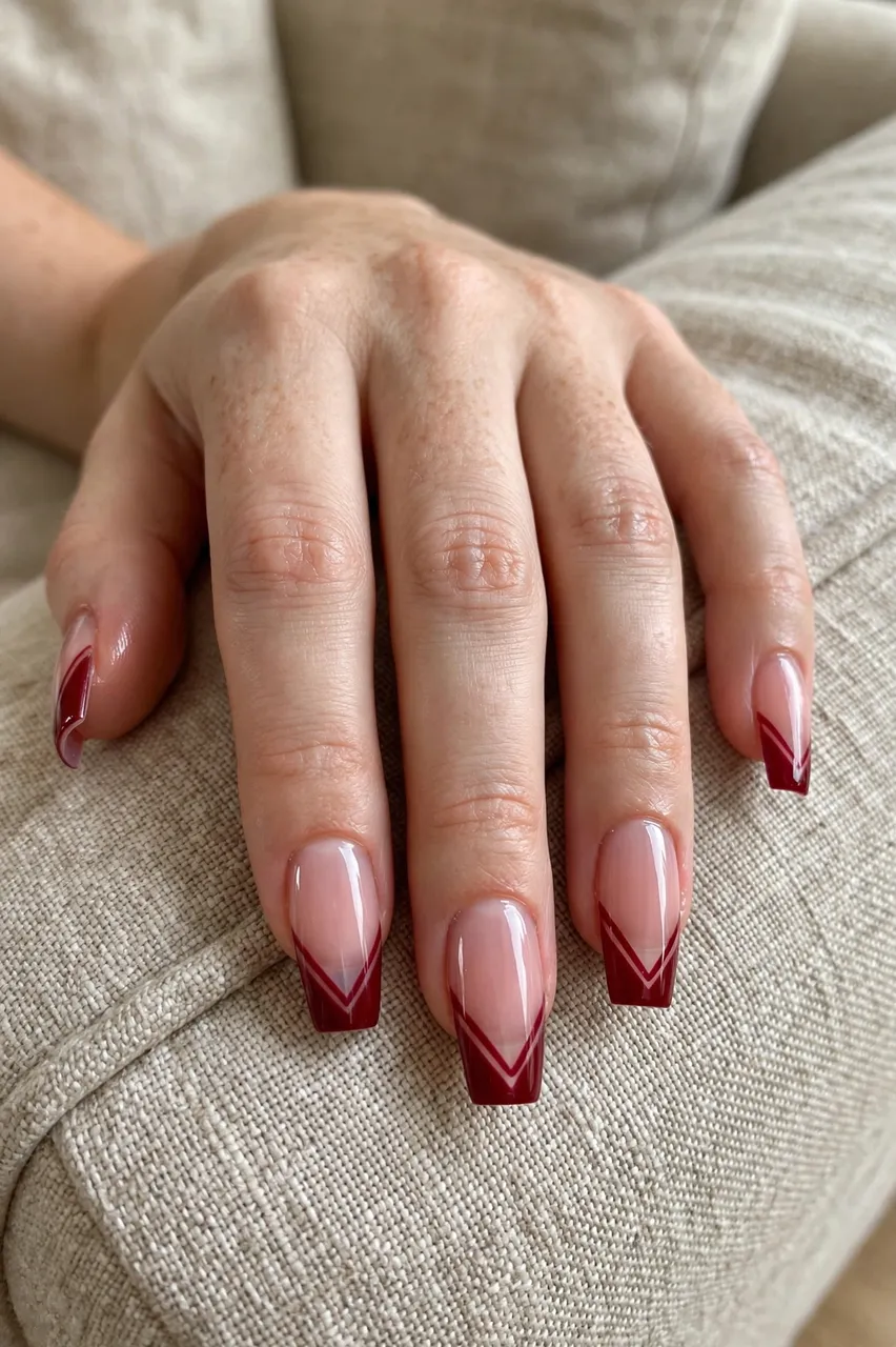 A close-up of a woman's hand with deep red chevron French tip coffin nails resting on a beige linen sofa arm