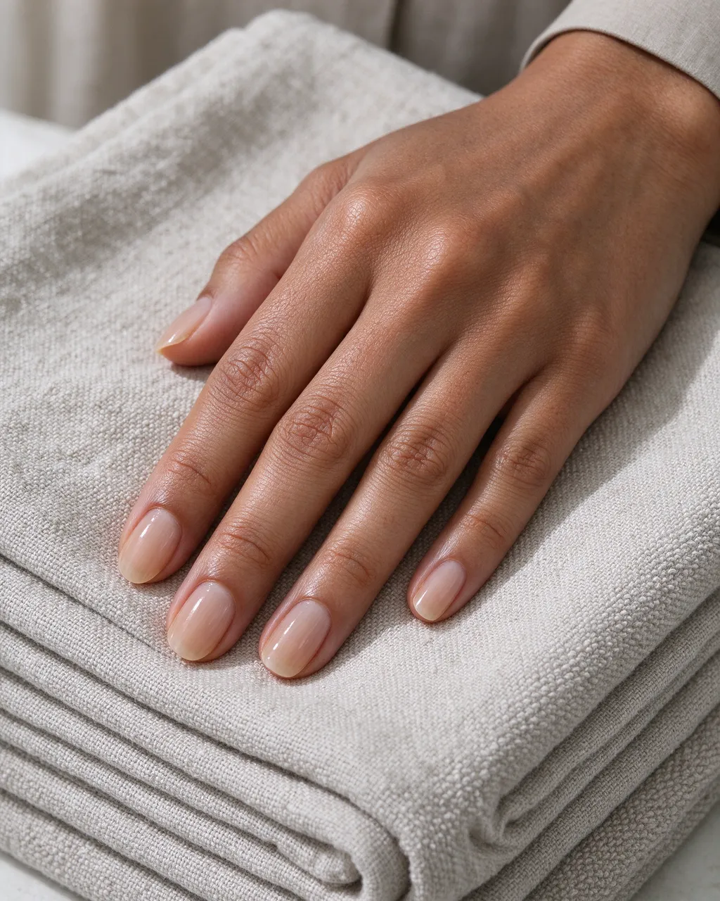 A woman's hand with sheer natural manicure rests gently on stacked folded linen towels.