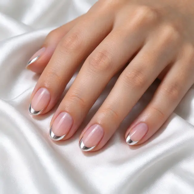 Close-up of an adult hand with almond silver chrome French tip nails resting on white satin fabric