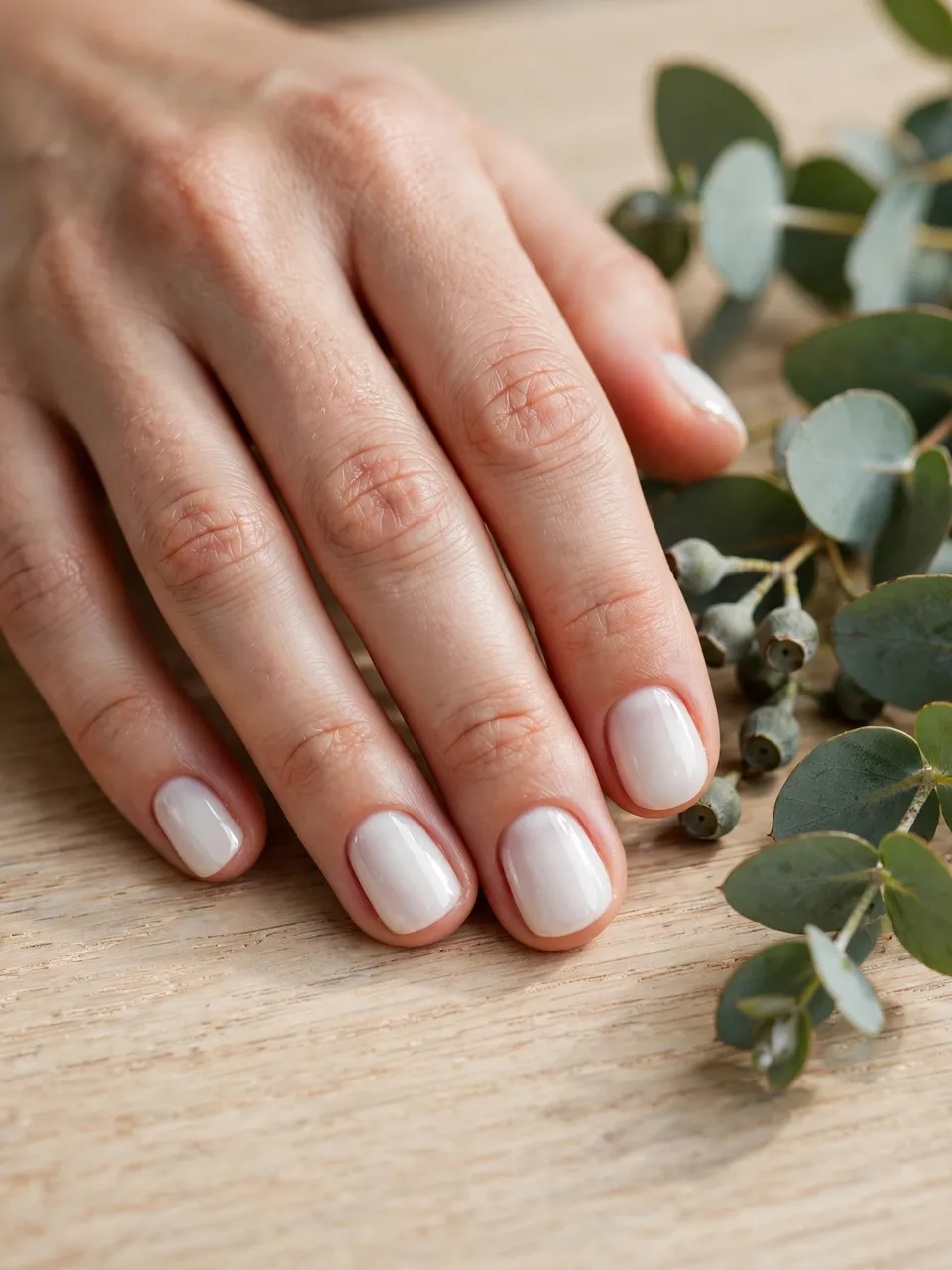 Fair skin hand with glossy milky white manicure rests on pale oak beside eucalyptus sprigs