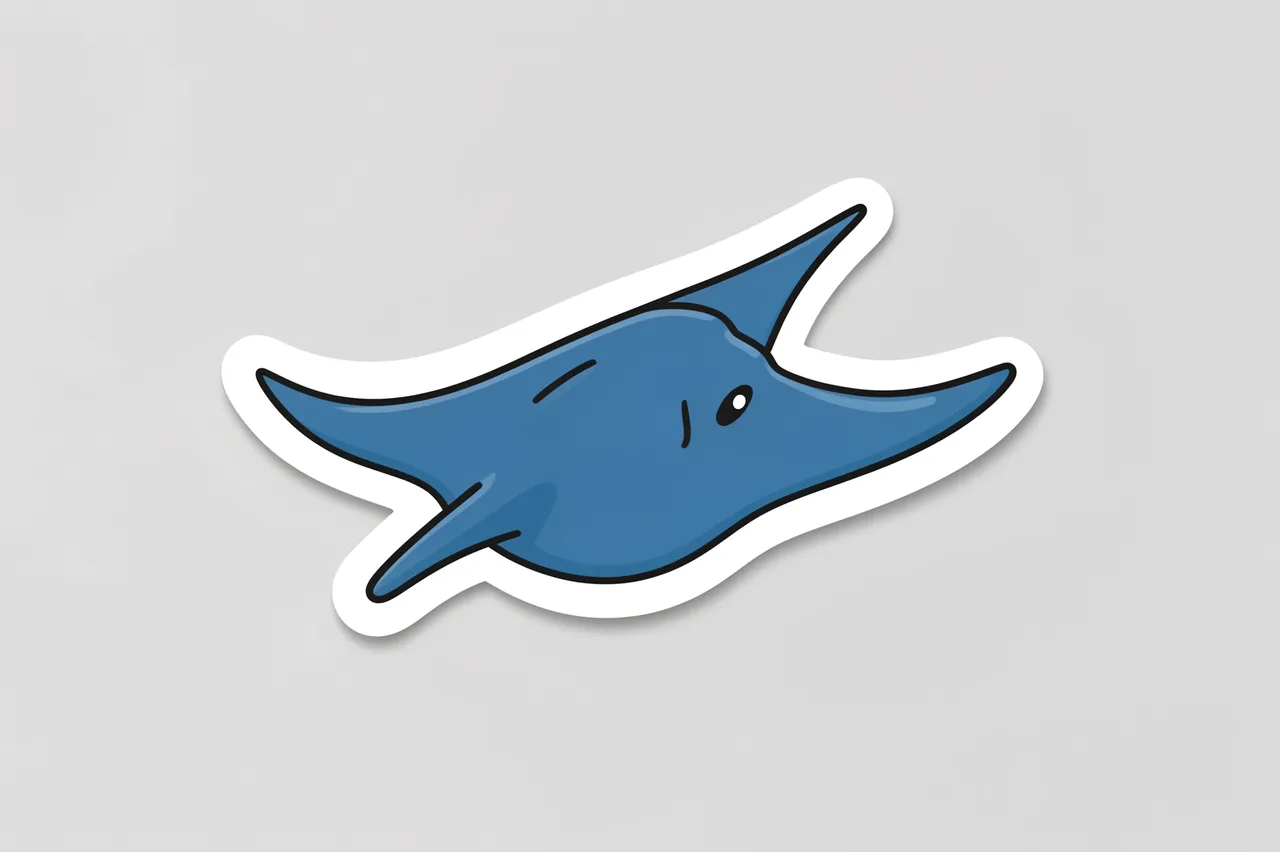 Cute flat illustration of a blue manta ray die-cut sticker with a white border on a light gray background