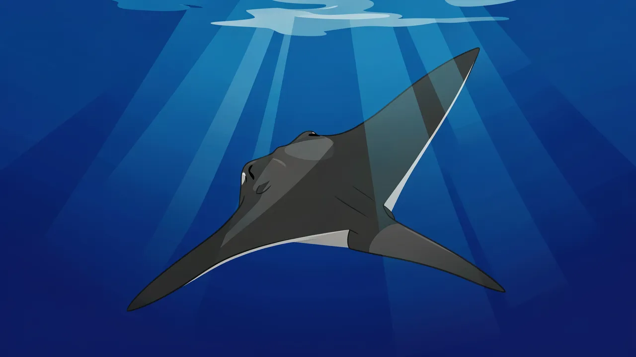 A cartoon manta ray swims through deep blue ocean water with sunbeams shining from the surface.