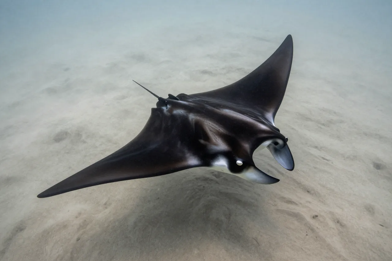 A dark manta ray glides gently through clear water above a pale sandy ocean seabed