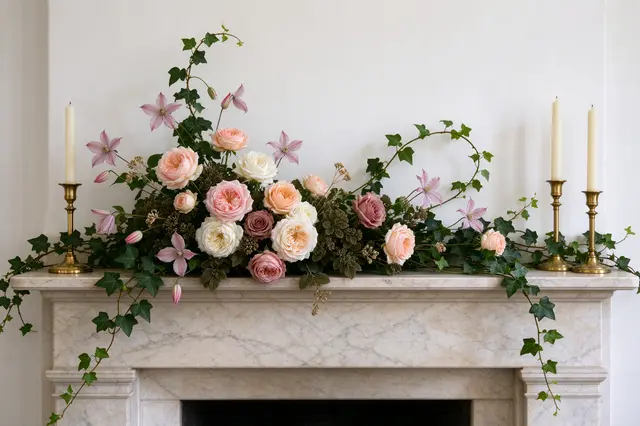 A lush floral arrangement of roses, clematis and ivy sits on a marble mantel beside brass candlesticks