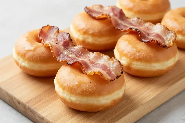 Glazed maple bacon donuts arranged on a light wooden serving board over a neutral countertop
