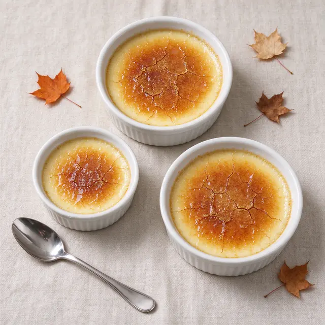 Overhead view of three creme brulee ramekins, a metal spoon, and scattered maple leaves on linen fabric.