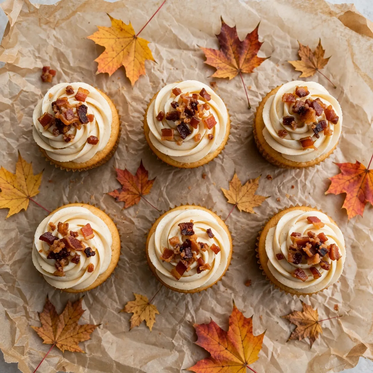 Overhead view of frosted cupcakes topped with candied crumbs, arranged with scattered maple leaves on crumpled parchment.