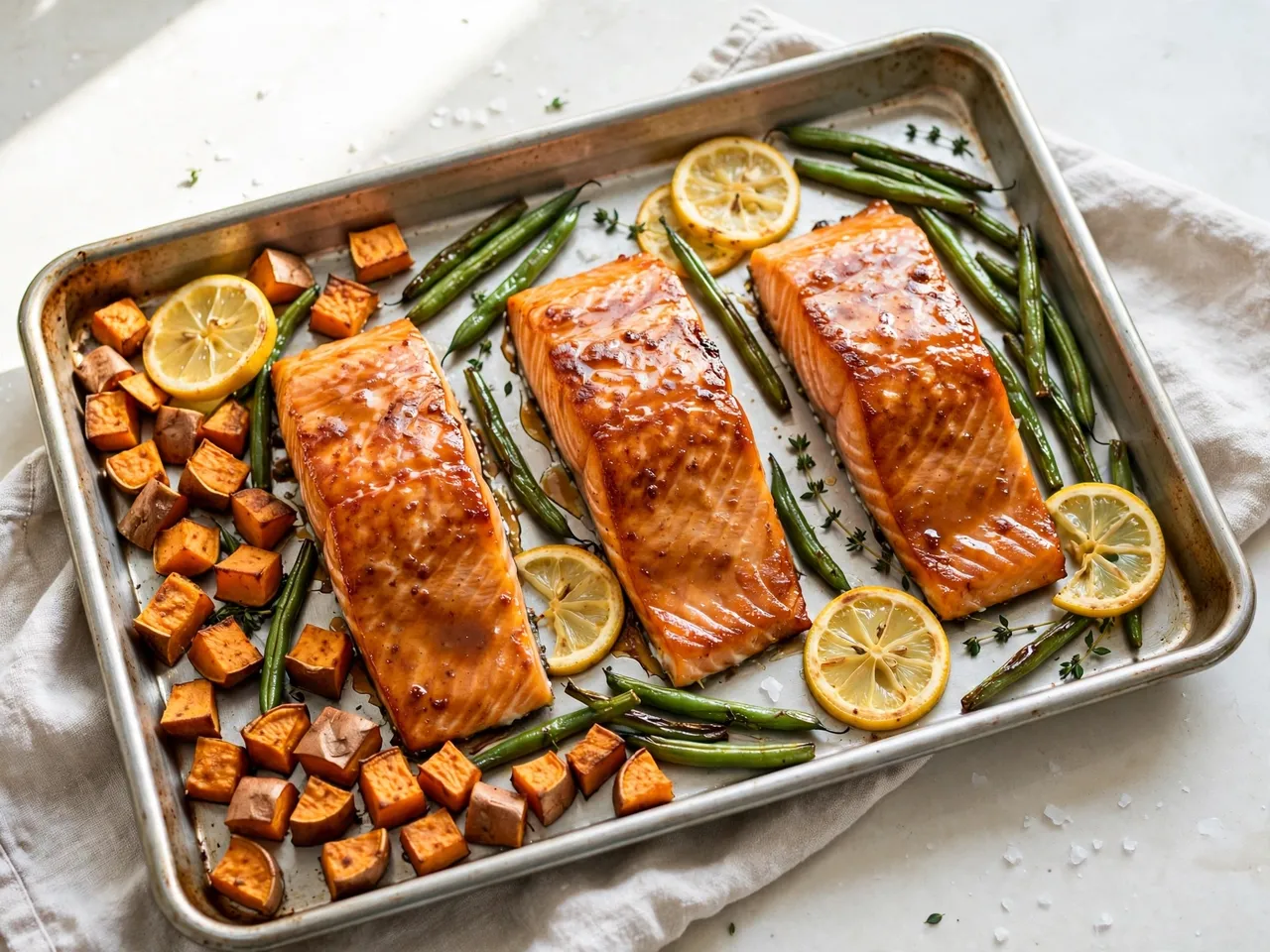 Metal baking sheet holds glazed salmon fillets, roasted sweet potatoes, green beans and lemon slices on a bright kitchen