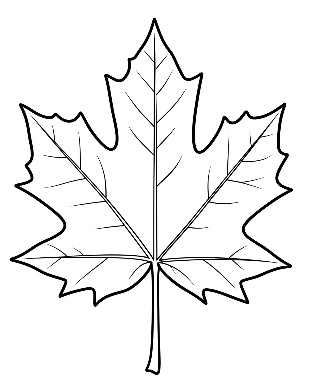 Bold black and white line art illustration of a detailed maple leaf on a plain white background