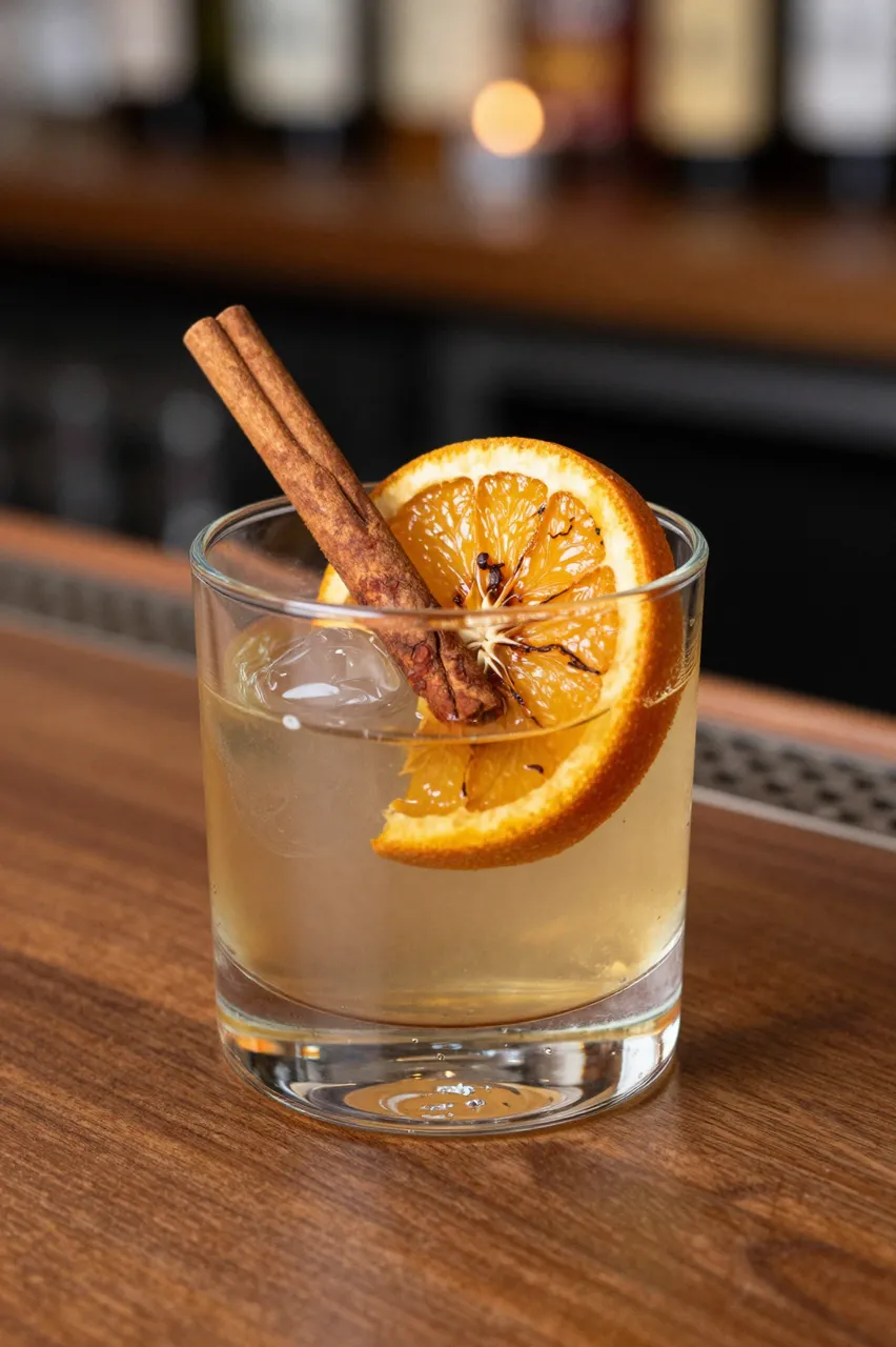 A short rocks glass of old fashioned cocktail with charred orange and cinnamon rests on a walnut bar