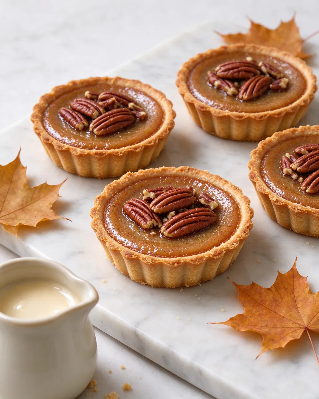 Four fluted maple pecan tartlets sit on a marble slab with autumn maple leaves and a cream pitcher.