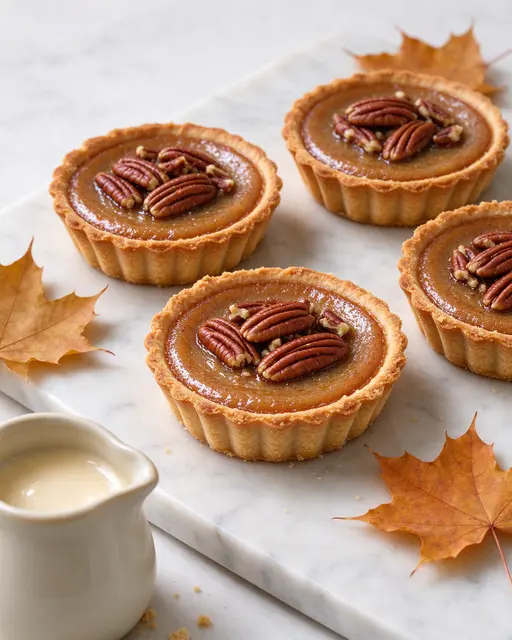 Four fluted maple pecan tartlets sit on a marble slab with autumn maple leaves and a cream pitcher.