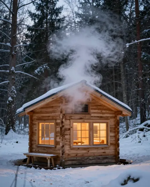 A small wooden log cabin vents steam from its roof, with warm glowing windows in a snow-covered forest at dusk