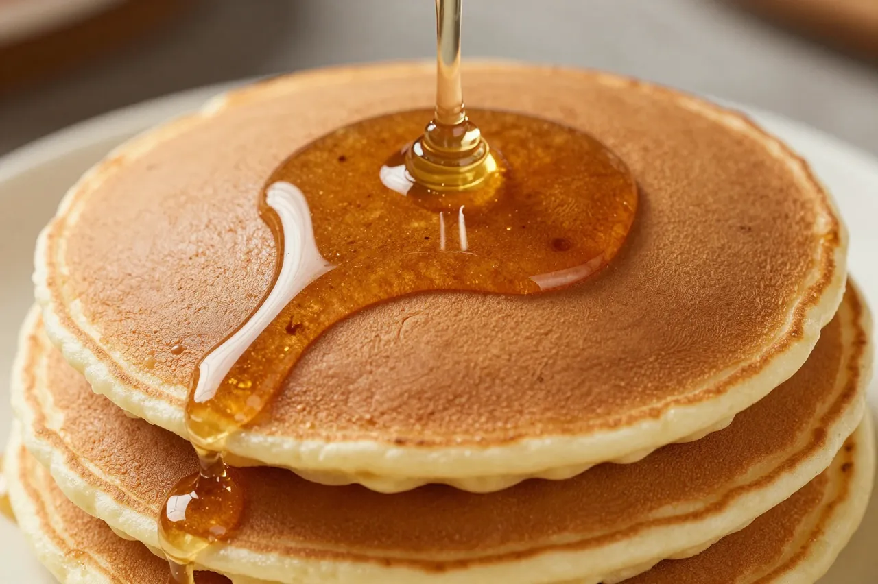 Golden maple syrup pours onto a close-up stack of fluffy pancakes on a light plate