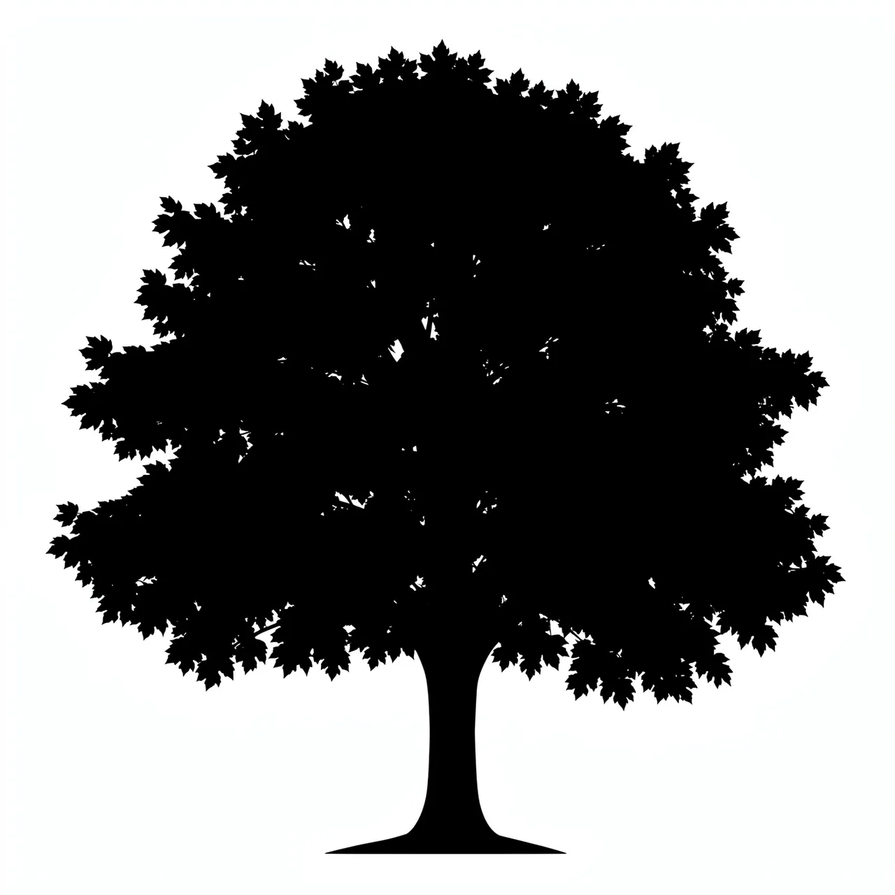 Solid black silhouette of a full leafy rounded maple tree set against a plain white background