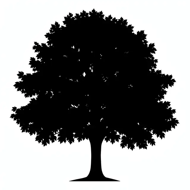 Solid black silhouette of a full leafy rounded maple tree set against a plain white background