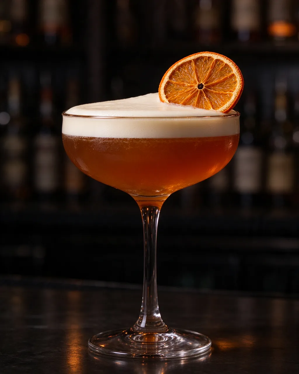 A maple whiskey sour cocktail with foam and dried orange garnish sits on a dark bar counter