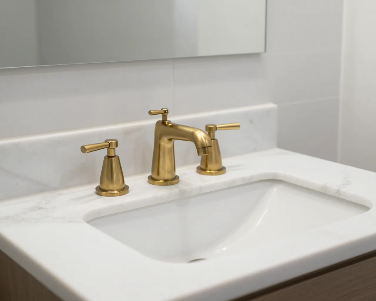 Close-up of a white marble bathroom sink with polished brass faucet handles below a wall mounted mirror
