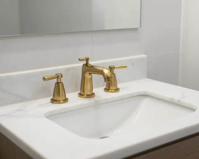 Close-up of a white marble bathroom sink with polished brass faucet handles below a wall mounted mirror