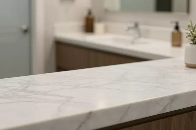 Sharp empty white marble countertop in the foreground with a softly blurred modern bathroom behind it