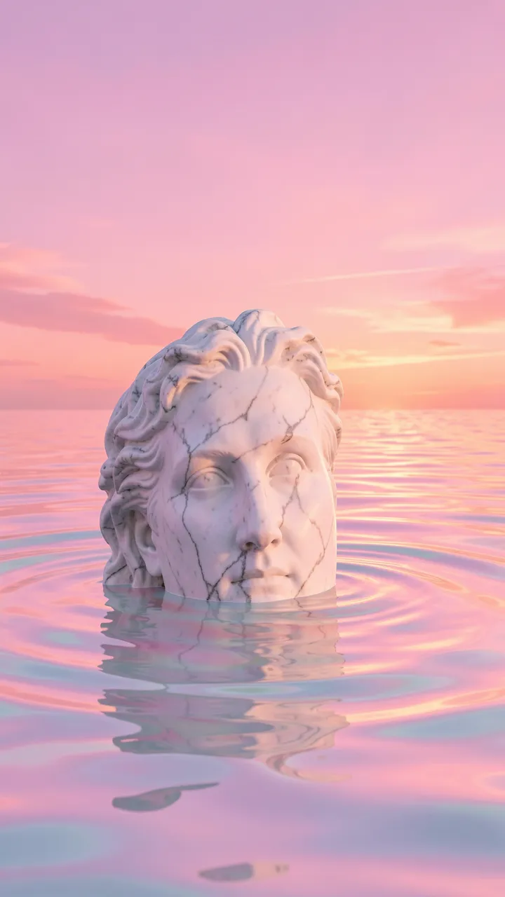 Cracked marble classical statue head half submerged in pastel water under a soft pink sunset sky