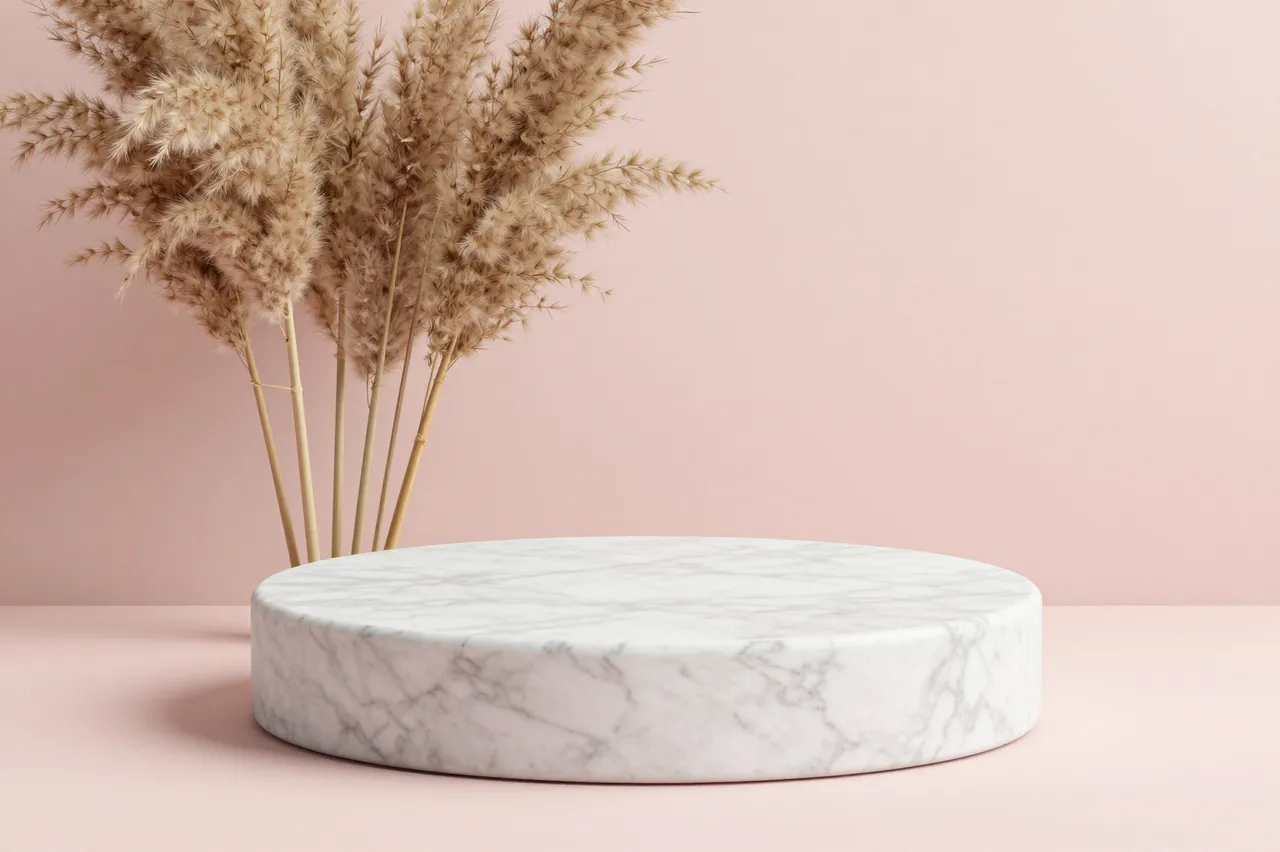 A white veined marble display podium sits next to dried pampas grass against a soft blush pink backdrop