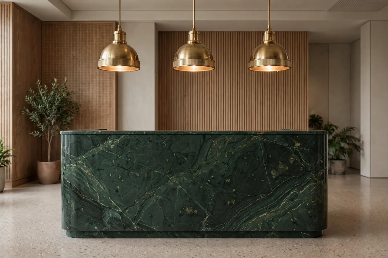 Dark green marble reception desk sits beneath three brass pendant lamps in an empty modern lobby