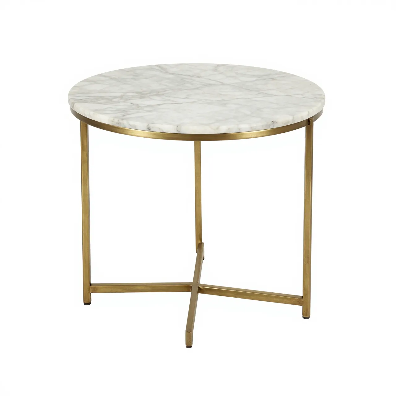 A round marble side table with a slim brass tripod base isolated on a plain white background