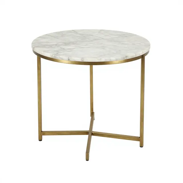 A round marble side table with a slim brass tripod base isolated on a plain white background