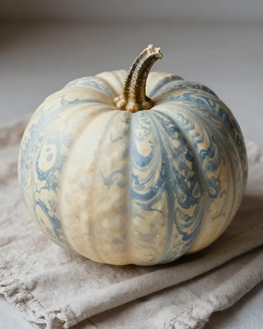 A marbled cream and slate blue painted pumpkin rests on a folded frayed linen cloth in soft daylight.