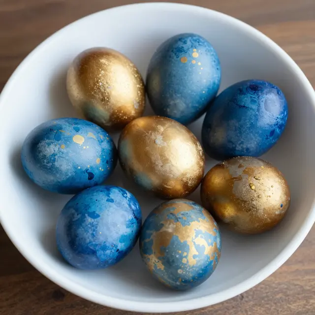 Top down view of marbled blue and gold dyed Easter eggs arranged in a white bowl on a wooden table