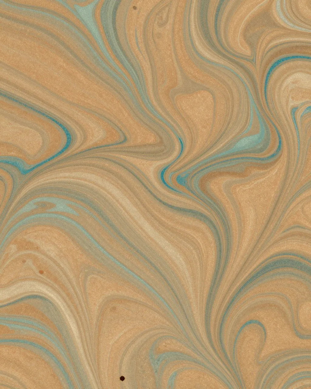 Full frame close-up of swirling marbled paper texture with ochre, teal, and cream flowing veins