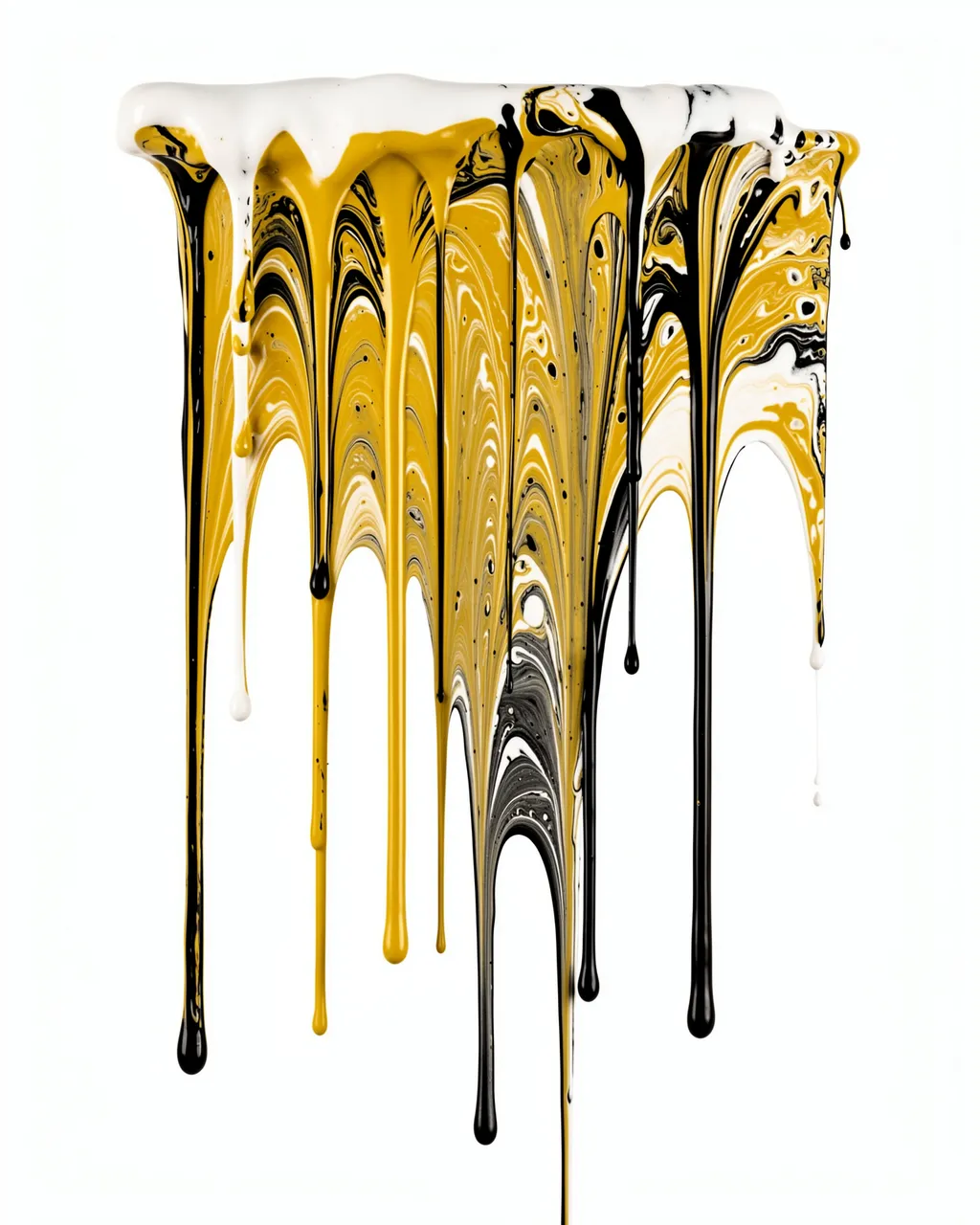 Golden yellow, black and white marbled fluid art pours and drips downward against a plain white background