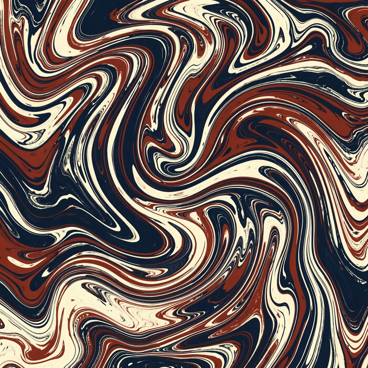 Flowing marbled swirls in deep navy, rust brown, and creamy off-white fill the full frame