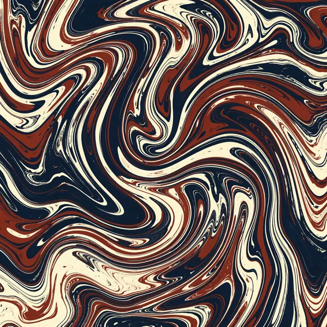 Flowing marbled swirls in deep navy, rust brown, and creamy off-white fill the full frame