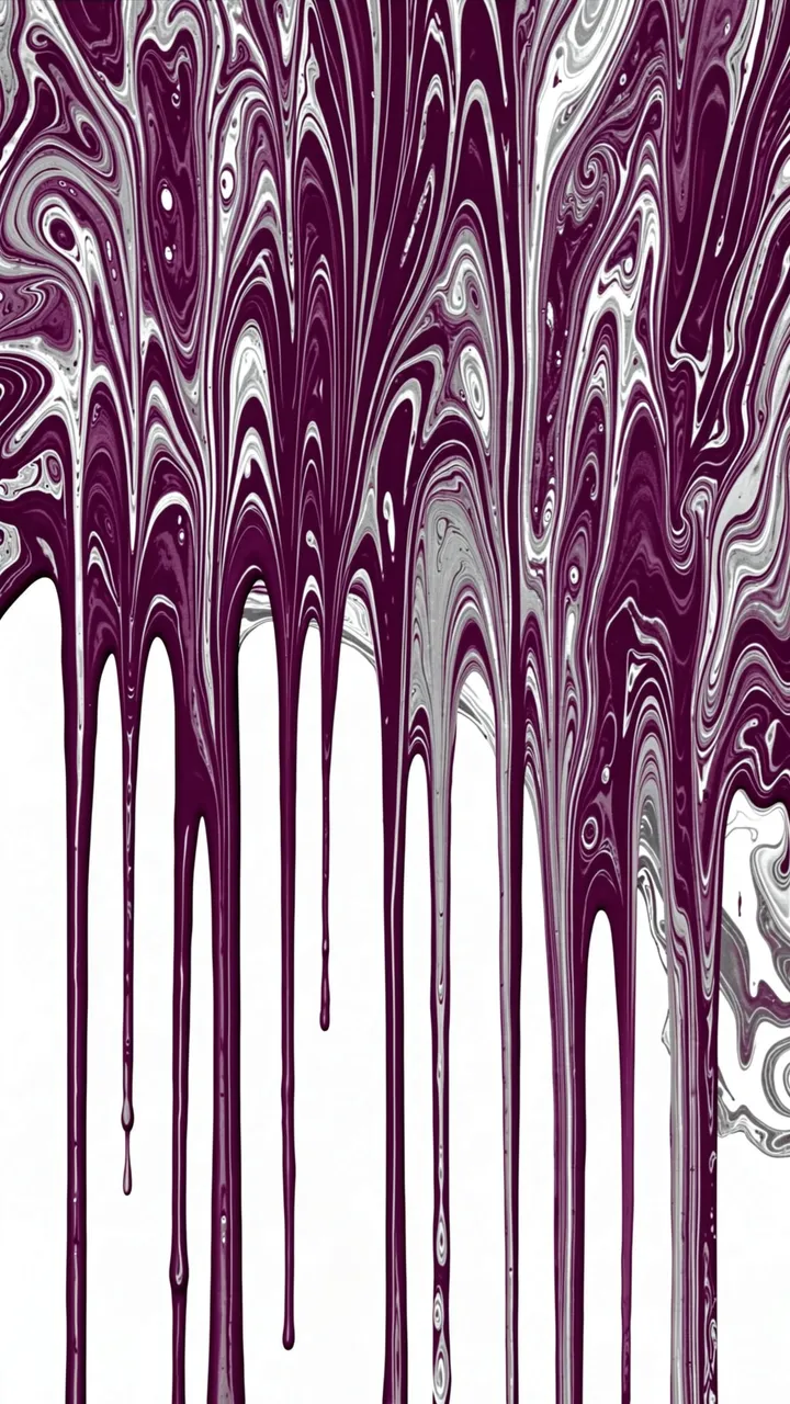 Vertical marbled abstract design with deep plum, silver and white flowing downward drips