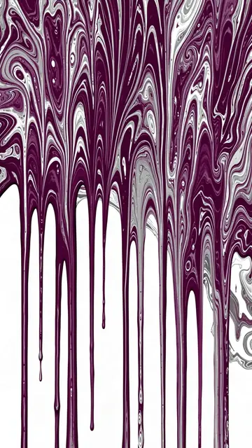 Vertical marbled abstract design with deep plum, silver and white flowing downward drips