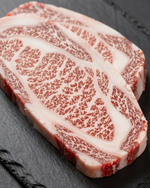 Two thick marbled wagyu beef slices rest on a dark slate serving board