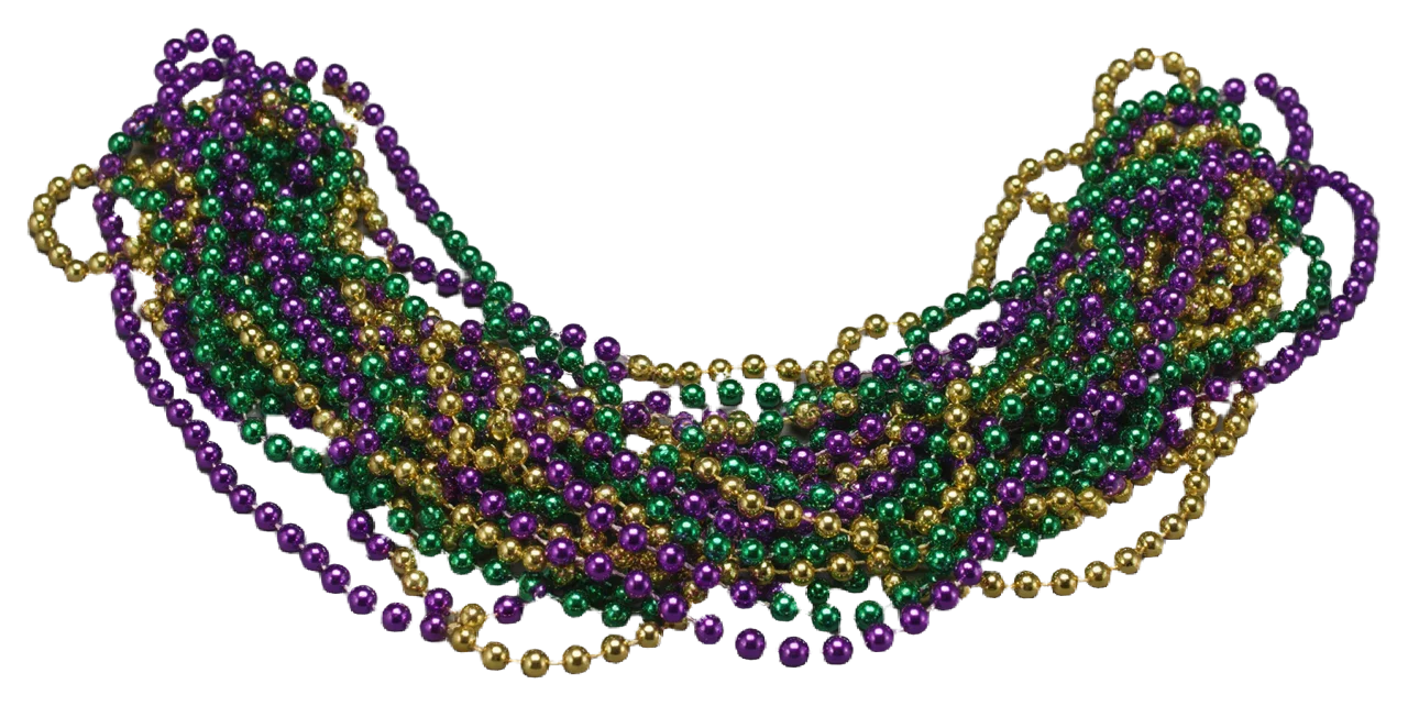 A loose tangled pile of shiny purple, green, and gold Mardi Gras bead necklaces arranged in a wide low arc.