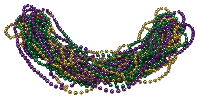 A loose tangled pile of shiny purple, green, and gold Mardi Gras bead necklaces arranged in a wide low arc.