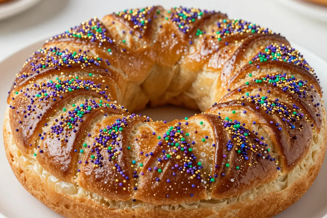 Twisted glazed king cake decorated with purple, green and gold sprinkles rests on a white plate
