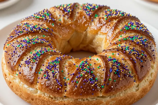 Twisted glazed king cake decorated with purple, green and gold sprinkles rests on a white plate