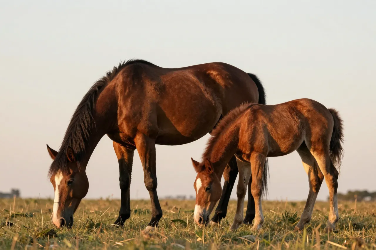 A chestnut mare and her foal graze side by side in a sunlit grassy meadow at golden hour.