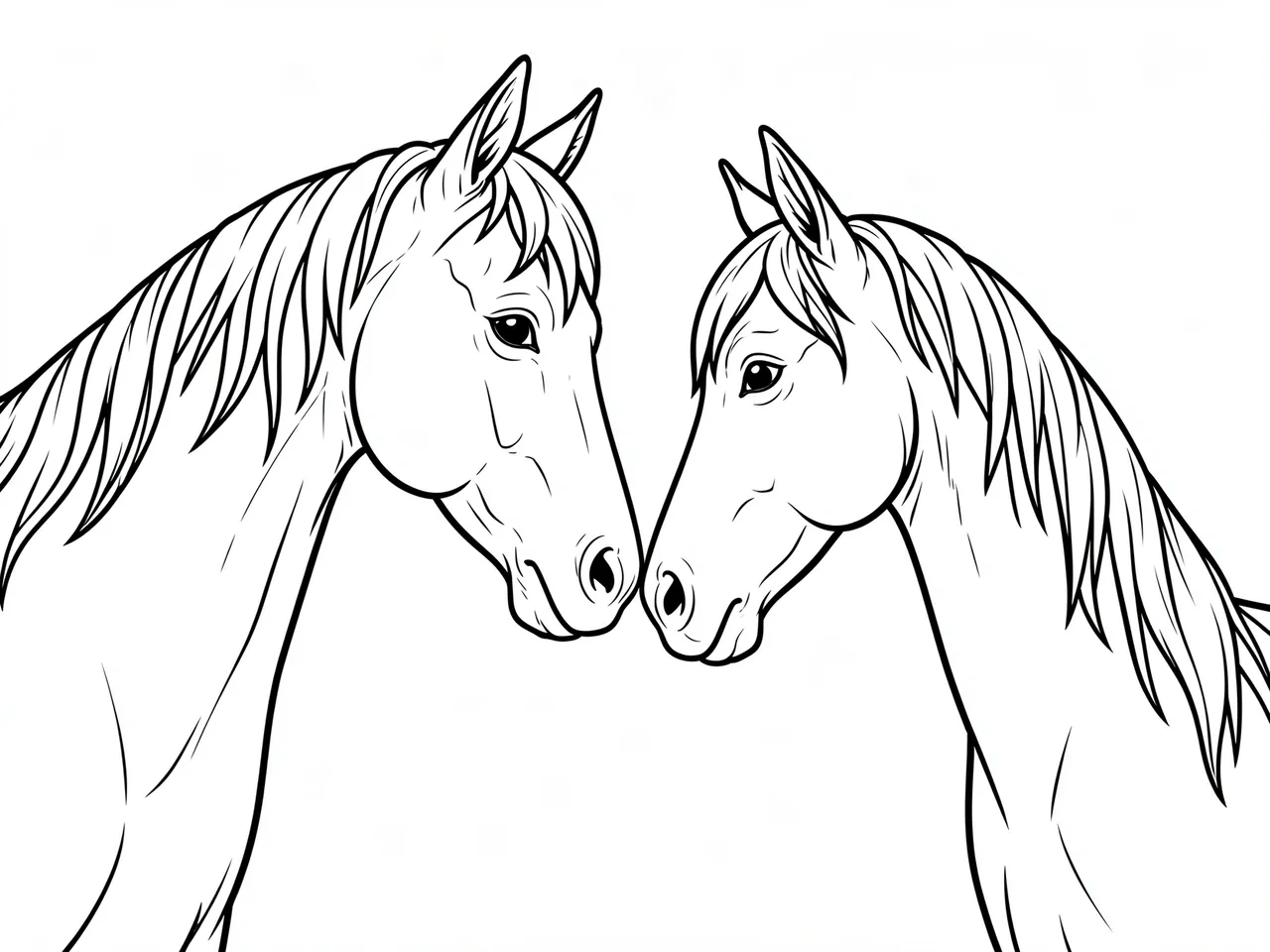 Black and white bold line art of two horses touching noses on a plain white background
