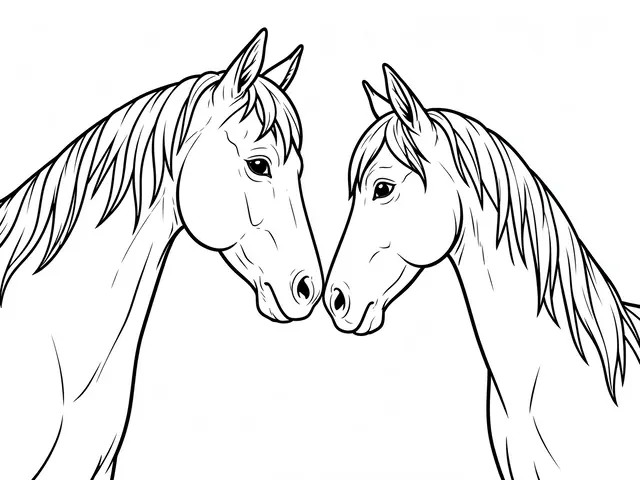 Black and white bold line art of two horses touching noses on a plain white background