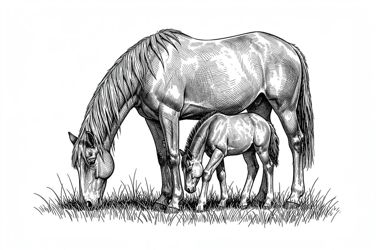 Pen and ink cross-hatch illustration of a mare and foal grazing side by side on grass.