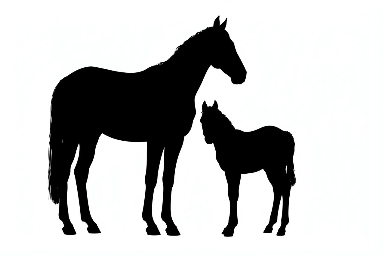 Solid black silhouettes of an adult mare and her foal standing side by side on a plain white background