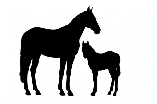 Solid black silhouettes of an adult mare and her foal standing side by side on a plain white background