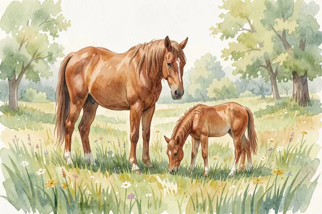 Watercolor illustration of a chestnut mare and her grazing foal in a sunlit spring wildflower meadow